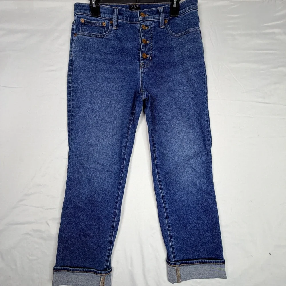 J.Crew Essential Straight Jeans 29 Blue Button Fly High Rise Cuffed Hem